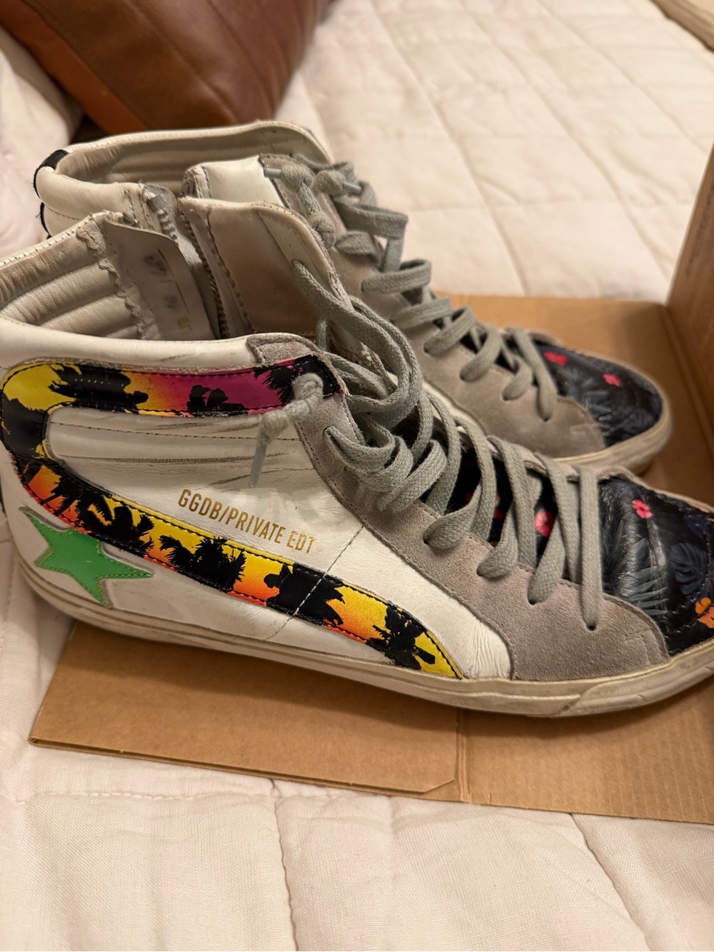 White High-Top Sneakers with Tropical Print and Green Star